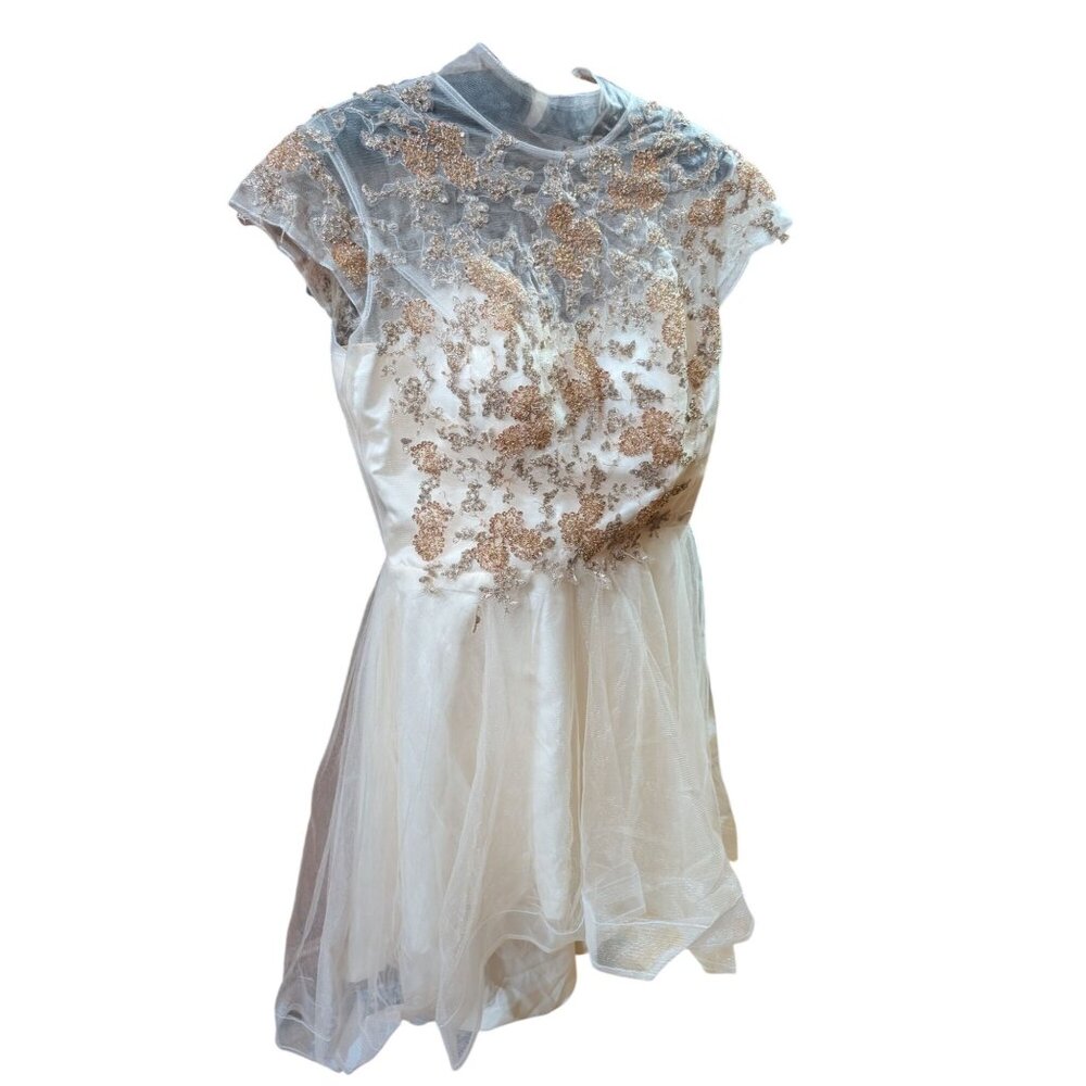 Embroidered Ivory High-Low Dress Floral  Sheer Overlay Formal Prom sz 16 (slim)